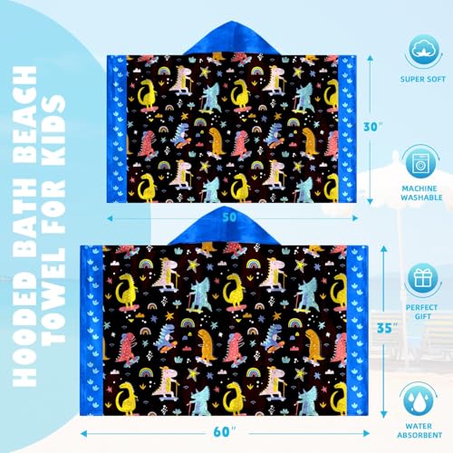 Image of Dinosaur Boys Beach Towel with Hoodie for Kids Toddlers Age 4-8,Dino Blue Bath Towels Shower Wrap for Boys, Hooded Poncho Beach Blanket for Pool Swimming Cute Wearable Bath Towel for Child