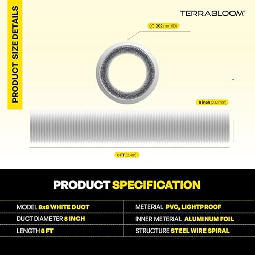 Terrabloom 8 Inch Air Duct - 8 Ft Long, White Flexible Ducting With 2 Clamps, 4 Layer Hvac Ventilation Air Hose thumb #6