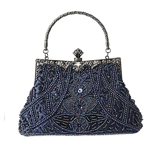 Guozi Women's Vintage Floral Beaded Clutch Exquisite Handmade Embroidery Wedding Party Prom Bag Fashion Beaded Sequin Crossbody Evening Handbag (Dark Blue) Cover