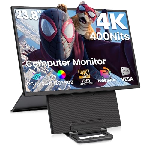 23.8” 4K Portable Monitor, UHD (3840*2160) 120% SRGB IPS FreeSync Gaming Moniter USB-C HDMI Large Work Home Office Second Monitor VESA Mountable, Adjustable Tilt & Height for Laptop, MacBook, PS4,Xbox
