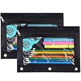Pencil Pouch 3 Ring, Zipper Pencil Pouches Case Binder Cosmetic Bag Black 2 Pack (Black)