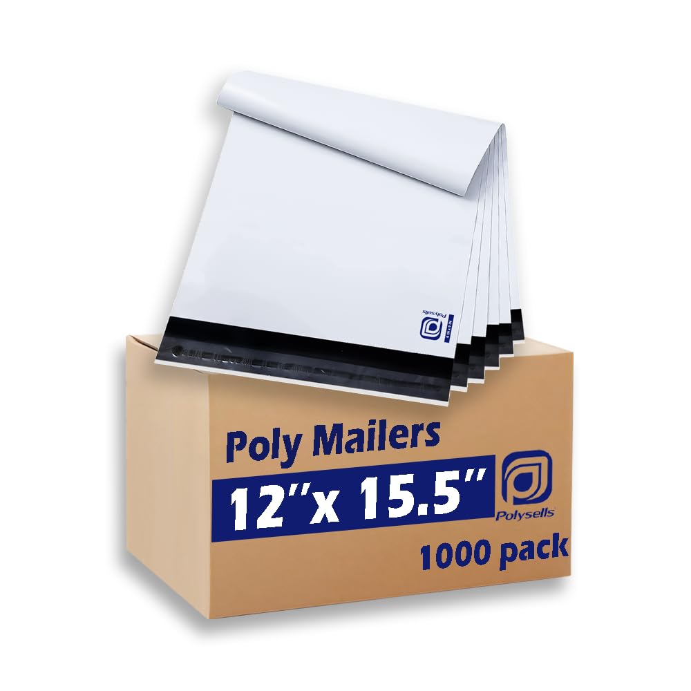POLYSELLS 1000 pcs 12x15.5 Inches White Poly Mailers Shipping Envelopes, Strong Adhesive Sealing, Waterproof, and Tear-resistant Postal Mailing Bags