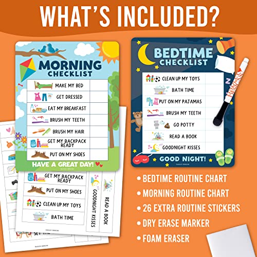 Image of Magnetic Morning & Bedtime Routine Chart for Kids - Customizable Toddler Daily Schedule Board with Dry Erase Surface, Stickers & Marker, Build Habits with Visual Checklists, Colorful Doodle Theme