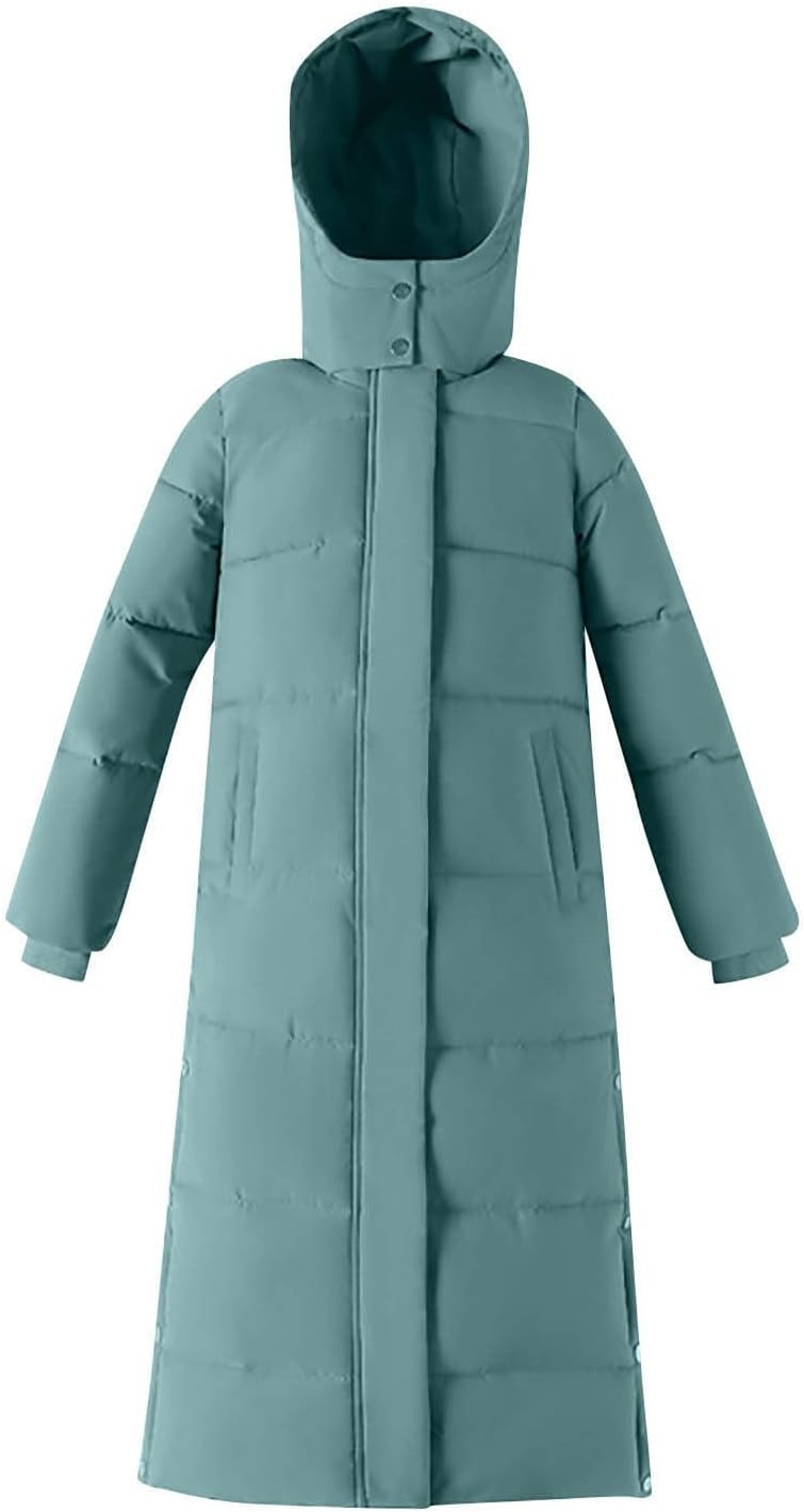 YRAETENM Winter Jackets for Women Hooded Maxi Length Long Sleeve Puffer Jackets Fashion Side Slit down Coats Anorak Outwear