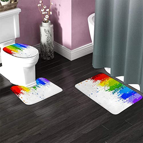 Badezimmerteppich-Set, 3-teilig, Rainbow Splash Art Pigment Paint Graffiti, Abstrakter Stil, waschbare Badteppiche, rutschfest, mit Rückenpolster, Konturteppich und Toilettendeckelbezug – Bild 4