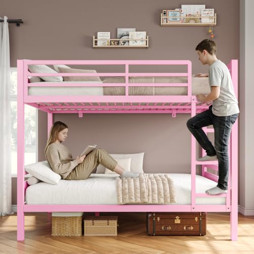 Image of iPormis Metal Bunk Bed Full Over Full, Heavy Duty Bunk with High Guardrail and Safety Entrance Design, Under-Bed Storage Space, Easy Assembly, Noise Free, Pink