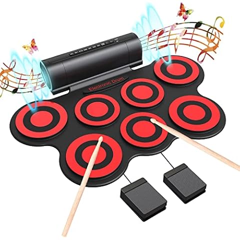 7 Pads Kids Electronic Drum, Roll Up Drum Support MIDI, Foldable Electric Drum Set with Stereo Speaker, Pedals, Demo Songs, Sticks, Electronic Drum Kit for Great Holiday Birthday Gift for Kids Cover