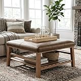 Kmax 32' Square Ottoman Coffee Table, Large Faux Leather Upholstered Living Room Table with Wooden Shelf Storage, Modern Center Table Tea Table Foot Stool, Brown PU
