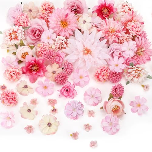 Kesote Kunstblumen 50 PCS Künstliche Blumen Köpfe Klein Blumen Deko Rose zum Basteln Künstlich blütenköpfe Rosa für Hochzeit Party Handwerk Geburtstag Scrapbooking DIY Flowers