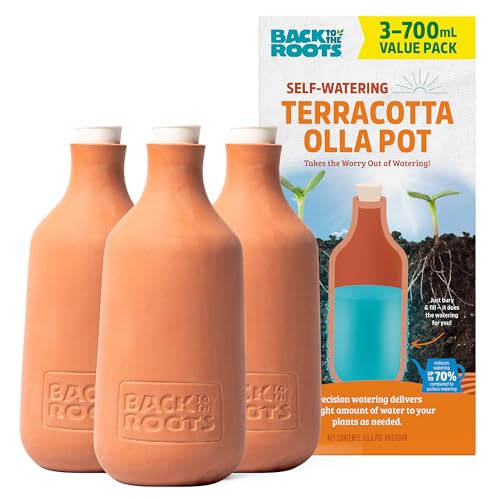 Back to the Roots Selbstbewässernder Olla-Topf aus Terrakotta, 3 Stück, 700 ml, bietet 1 Woche Präzisionsbewässerung