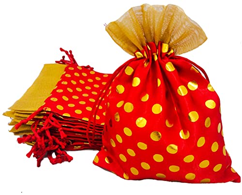 Image of 13CM X 18CM Small Drawstring Bags Pouches Potli for Gift Wedding Jewelry Packaging Bridal Party Favors for Women (25 pc Pack, Red Color Golden Polka Dot)