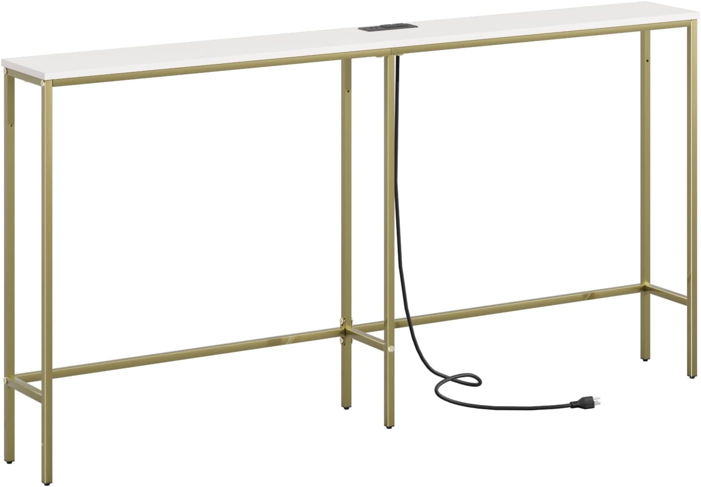 Console Table with Power Outlets, Narrow Long Wood Behind Sofa Table, Industrial Modern Metal Side Table for Entryway, Living Room (Classic White, 8" W x 60.8" L x 31.7" H)