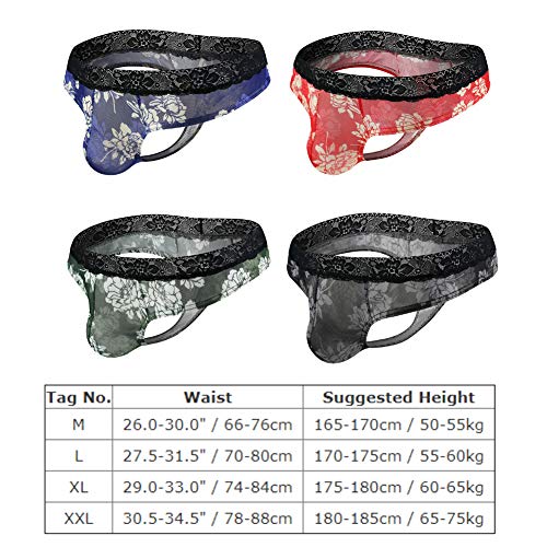 Men's Lingerie Floral Print Lace Trim Sissy Thong Panties Breathable Mesh G-String T-Back Bikini Briefs Crossdressing Underpants Blue Large #TOP6