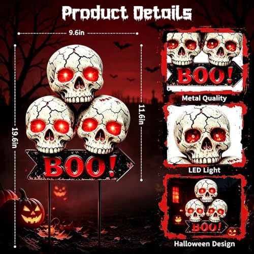 Image of VOOKRY Solar Halloween Skull Lights Outdoor, 3 Skulls with Red Glowing Eyes