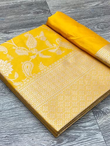 Image of Flosive inchElegant Yellow Banarasi Saree for Women - Wedding & Festival Wear, Silk Blend with Intricate Floral Design -Traditional Indian Saree
