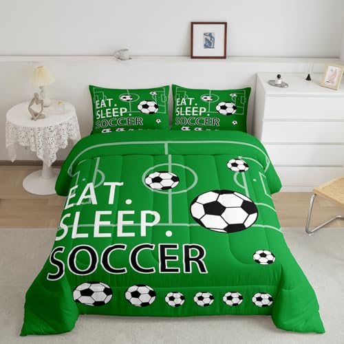 Image of Feelyou Soccer Bedding Set Toddle Size Kids Green Comforter for Boys Teens Ball Games Comforter Set Breathable Football Field Quilt Set Room Decor Soccer Quilt Set