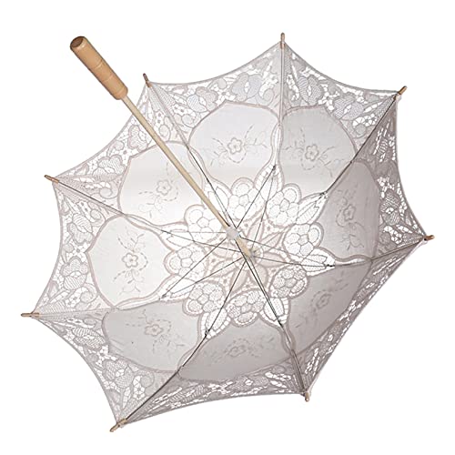 Marhynchus Lace Umbrella Regenschirme Stockschirme Sonnenschirm Sonne mit Holzgriff Lady Hochzeit Party Brautschirm für die Dekoration von Fotos[L-Milchig weiß] Cover
