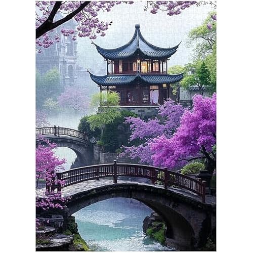 PICKFORU Plum Blossom Dreamscape Puzzles for Adults 1000 Pieces, Vintage Flower Tree Scenery Puzzles, Impossible Unique Lake Park Theme as Home Decor
