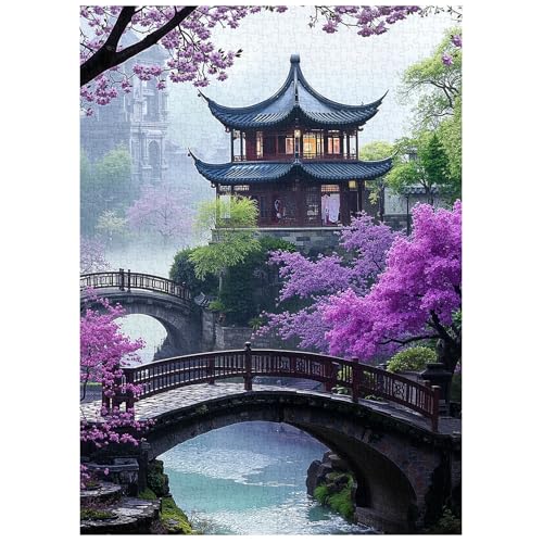 PICKFORU Plum Blossom Dreamscape Puzzles for Adults 1000 Pieces, Vintage Flower Tree Scenery Puzzles, Impossible Unique Lake Park Theme as Home Decor