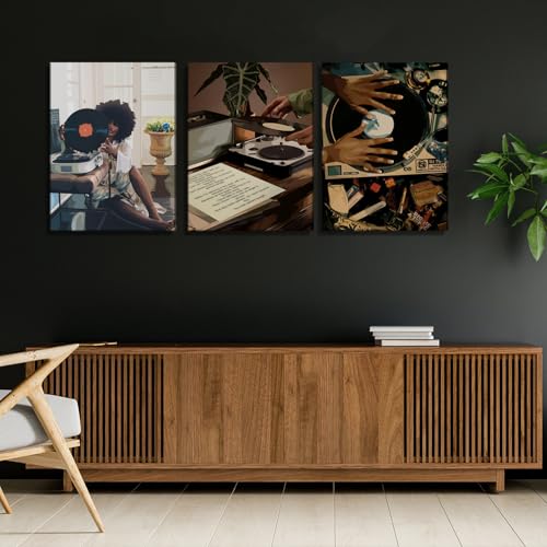 YFvrPt Black Girl Wall Art Decor Modern Black Woman Painting Prints, Set of 3 African American Music Record Player Poster Canvas Artwork for Bedroom Living Room 12x16 inch Framed - Image 5