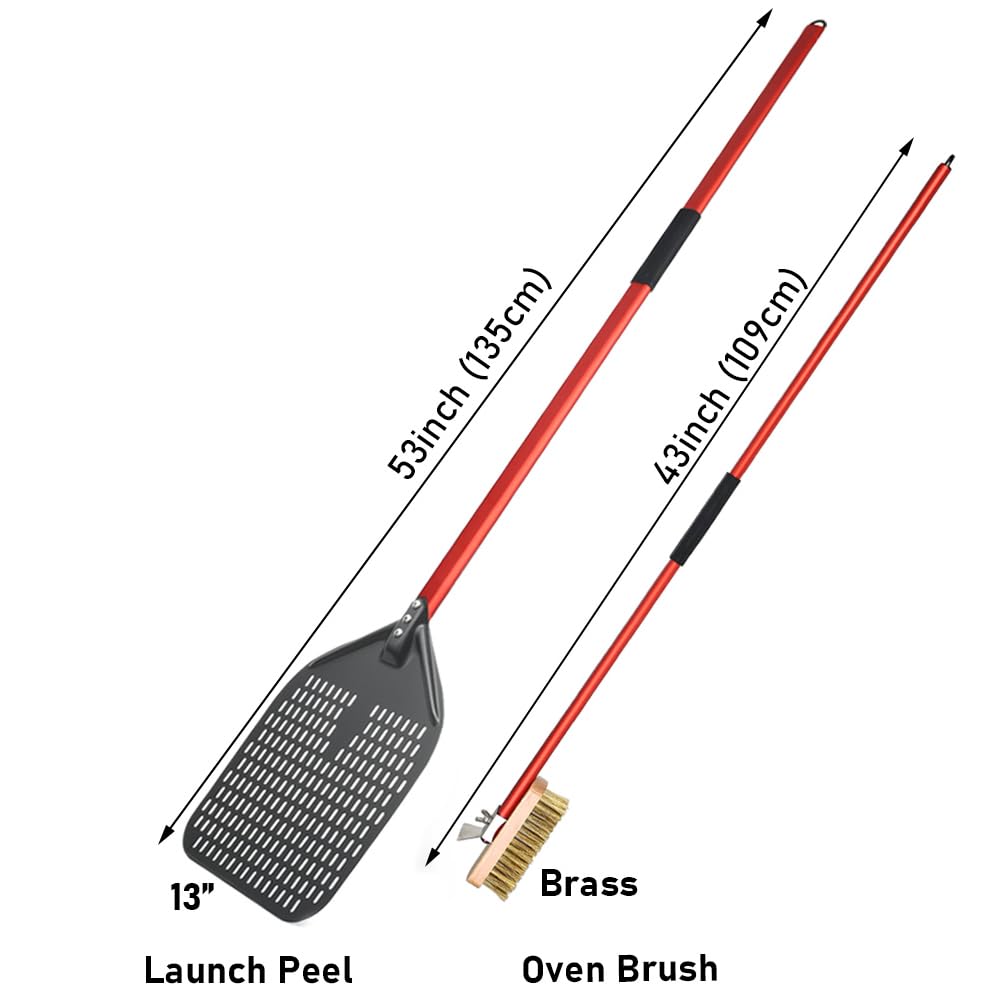 Onilini 13 Inches Perforated Pizza Peel Hard Anodized, Detachable 53 inch Overall Length, 43 inch Oven Brush, 2 Pieces Set Oven Accessories(Red)