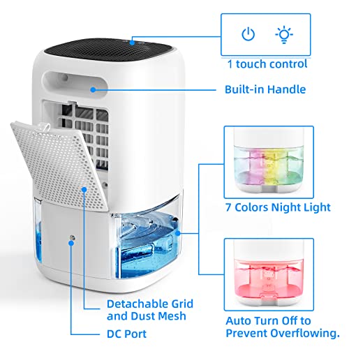 CONOPU Luftentfeuchter 1000ML, Luftentfeuchter Elektrisch, Peltier Technologie Update, Automatische Abschaltung, 7 Farbiges Licht, Tragbar, Ultra Leise, Luftentfeuchter für Badezimmer, Schlafzimmer – Bild 8
