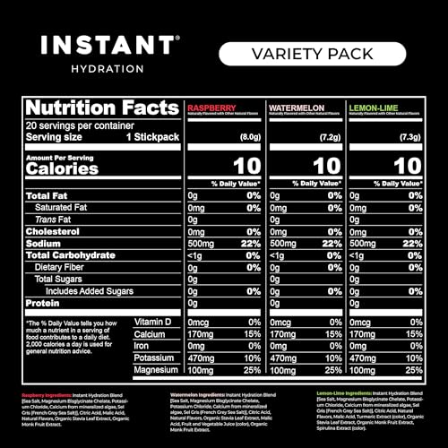 Image of Instant Hydration Sugar Free Electrolytes Powder Packets Variety Pack - Watermelon, Raspberry, Lemon Lime Drink Mix & Travel Essentials with Magnesium and Potassium - Post Workout Recovery - 20 Sticks
