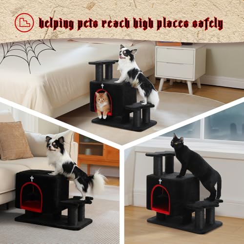 Image of Gothic 3-in-1 Dog Stairs & Cat Scratching Post with Condo - Pet Steps for High Beds, Sofa & Couch, 3-Tier Cat Tower with Sisal Scratching Pad for Small Dogs, Cats & Kittens, Black