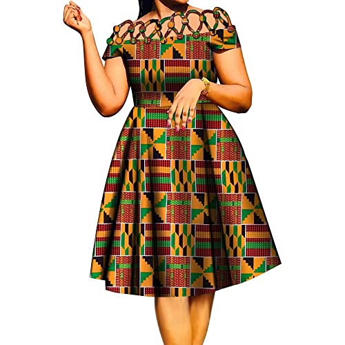 Image of XIAOHUAGUA African Dresses for Women Cotton Cutout Neck Short Sleeve Ankara Dashiki Cocktail Party A-Line Flare Dress
