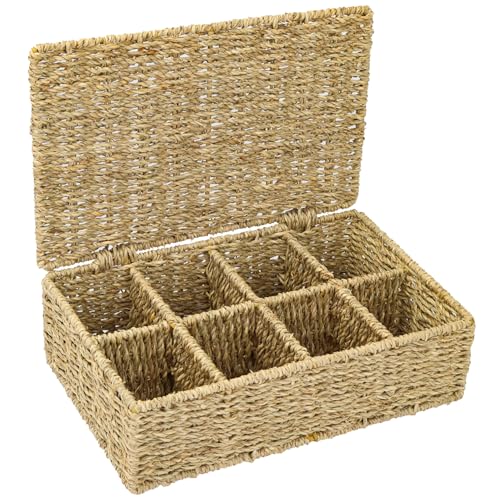 HMF Caja de almacenamiento para bolsitas de té, hecha de fibra de coco trenzada, con 8 grandes compartimentos | 33 x 21 x 10 cm