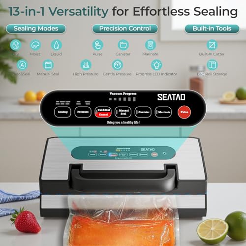 SEATAO Vacuum Sealer for Food, 90kPa Powerful Food Vacuum Sealer Machine, 13 in 1 Food Sealer for Food Preservation, Dry/Moist/Liquid Modes, Double Heat Seal & Easy-Lock Handle & LED Indicator Light