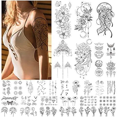 Acevegue 45 Sheets Temporary Tattoos, Waterproof Realistic Fake Tattoos for Women Girls, Semi Permanent Black Flowers Wild Plant Butterfly Transfer Tattoos Stickers Body Art Makeup Decorations Cover