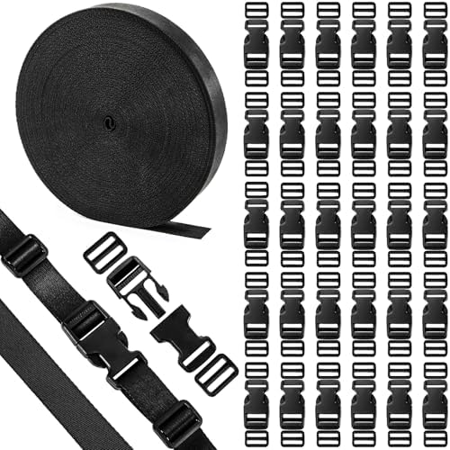 ZEAYEA Buckle Straps Set 1 Inch, Include 30 Yard Polypropylene Webbing Strap 1 Inch Wide, 30 Pcs Side Release Plastic Buckle, 60 Pcs Tri-glide Slide Clip, Heavy Duty Dual Adjustable Strap for Backpack