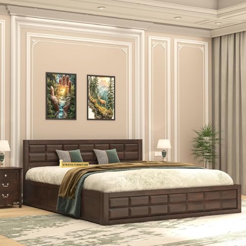 Image of STRATA FURNITURE Sheesham Wood King Size Bed with Box Storage | Wooden Double Bed Cot Palang Furniture for Bedroom Living Room and Home (Walnut Finish)