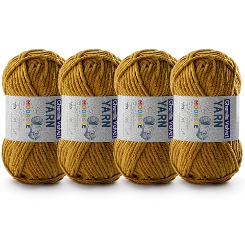 Image of 4 Pac Chenille Yarn for Crocheting - Blanket Yarn for Crocheting - Fluffy Yarn for Crochet, Baby Yarn for Crocheting Soft Blankets Weight Per Roll 50g /1.76oz, Length 60m /65yard (Turmeric)