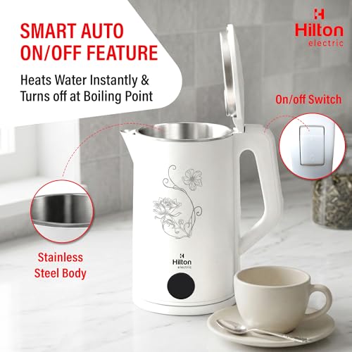 Image of Hilton Premium White 2 Litre Electric Kettle | 1500-Watt with Stainless Steel Body, Cool Touch Handle, Auto Switch-off Mechanism for Boiling Water, Tea, Coffee & instant noodles