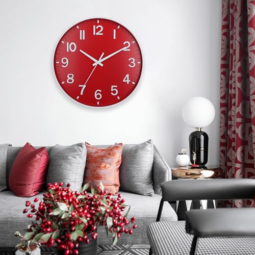 Image of HZDHCLH Red Wall Clocks Battery Operated,12 inch Silent Non Ticking Modern Christmas Wall Clock for Living Room Bedroom Kitchen Office Classroom Decor
