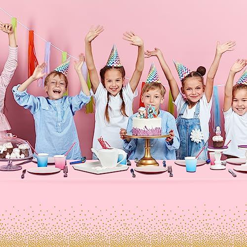 Image of FunnyPars 4 Pack Pink and Gold Plastic Tablecloth for Parties, Pink Disposable Table Cloth for Rectangle Tables, Gold Dot Confetti Light Pink Tablecloth for Birthday Wedding Baby Shower Party, 54x108