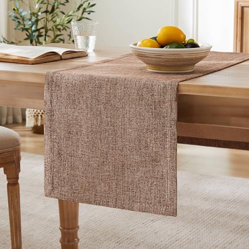 Image of ZeeMart Burlap Style Farmhouse Table Runners 90 Inches Long, Brown Rustic Woven Coffee Table Runner for Everyday Use, 14x90 Inches, Brown