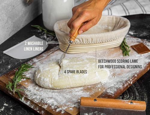 Image of Kook Banneton Bread Proofing Set, Artisan Sourdough Bread Making Kit, 9.8 Inch Rattan Baskets and Liners, Metal & Plastic, Scrapers, Scoring Lame & Case, 4 Extra Blades, Set of 2, Oval