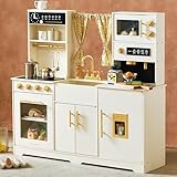 Tiny Land Play Kitchen for Kids, Toy Kitchen Set with Plenty of Play Features, New Modern Kids Wooden Play Kitchen Designed in Trendy Home Style with Curtains, Gift for Ages 3+