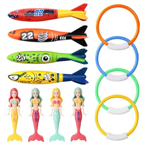 IOPJLK Set de Jouets de plongée sous-Marine 12 pièces, Anneaux de plongée pour Enfants de 4 à 12 Ans, torpilles de plongée colorées et Set de sirènes...