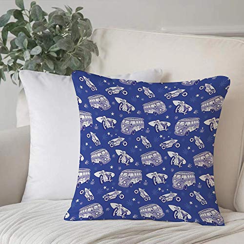 Funda de Cojín duradero Fundas de Almohada Decorativa,Tabla de surf, Tablas de surf en Hippie Bus Motocicleta Hawaii California Diseño gráfico, Vio,Funda de Cojín con Cremallera Invisible 45 x 45 cm