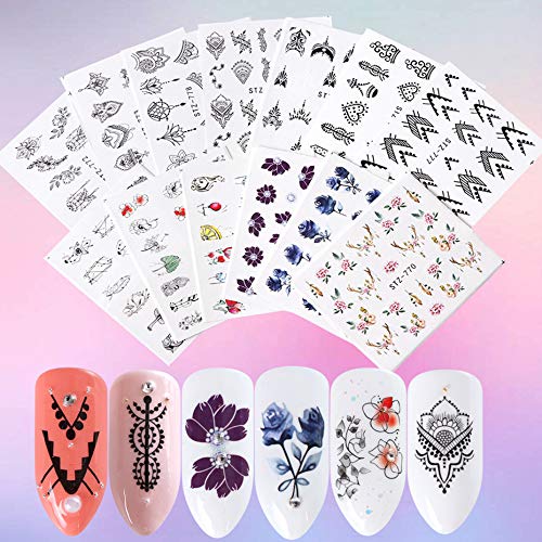 13 Sheets Black Nail Art Stickers Water Transfer Decals Nail Supplies Decorations Accessories With Flowers Necklace Jewelry Dream Catcher Feather Design Foil Tattoo For Diy Nail Manicure Tips #TOP2