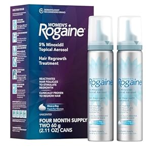 Women’s Rogaine 5% Minoxidil Foam, Topical Once-A-Day Hair Loss Treatment for Women to Regrow Fuller, Thicker Hair, Unscented, 4-Month Supply, 2 x 2.11 oz