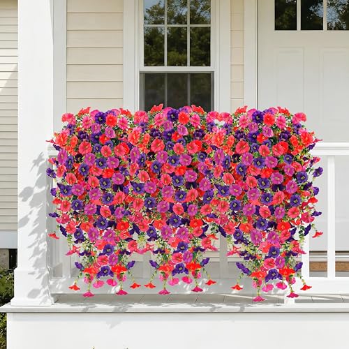 Artificial Hanging Flowers for Outdoors, 5Pcs Faux Silk Fake Morning Glory for Spring Summer, UV Resistant Realistic Plants for Home Garden Porch Patio Balcony Planter Yard (5pcs purple fuchsia) — view 5