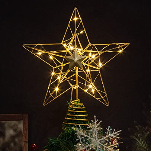Étoile dorée pour Sapin de Noël avec Mode minuteur, 20 lumières LED Chaudes pour décoration d'intérieur (étoile Creuse à Cinq Pointes) Cover