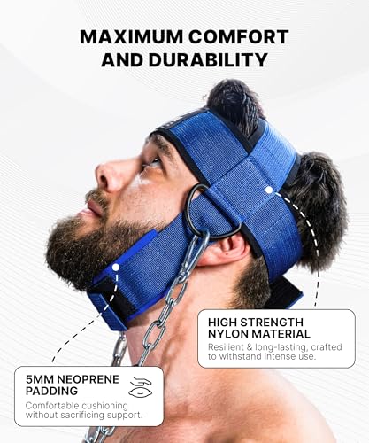 Image of DMoose Fitness Neck Harness for Weight Lifting - Soft Padded Head & Chin Strap with 30 inch Heavy Duty Steel Chain - Neck Exerciser, Trainer & Strengthener to Support Injury Recovery (Blue)