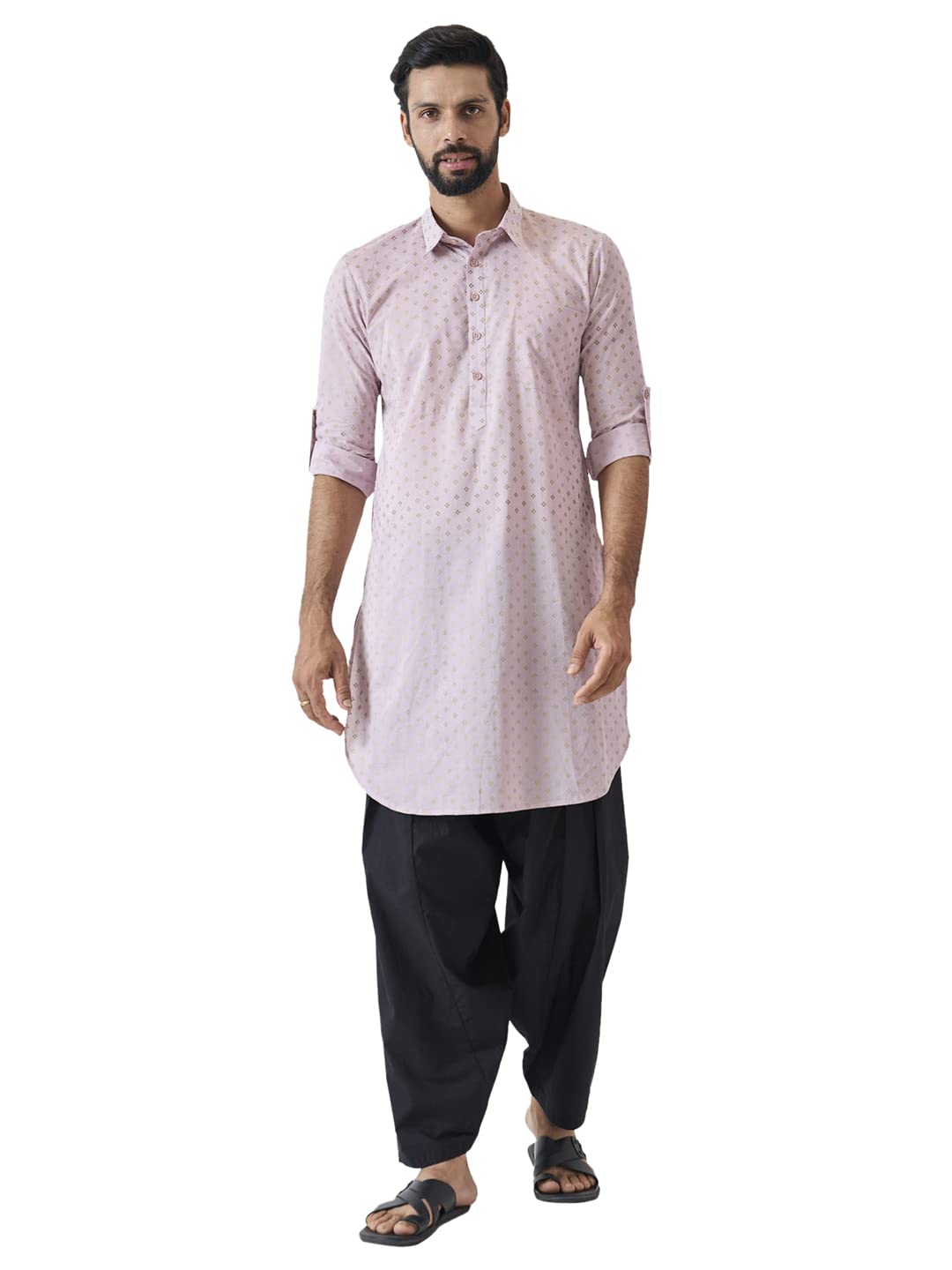 See Designs Men Spread Collar Baby Pink Regular Pure Cotton Pathani Full Sleeve Kurta With Black Salwar - Sd2Mpkt_114704S