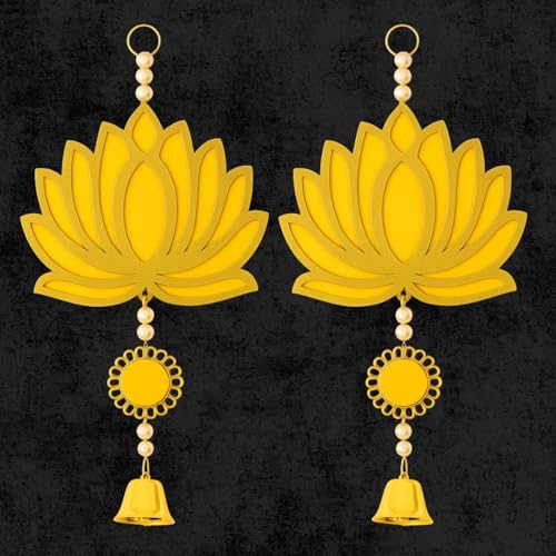 Image of ARLICORPING Wooden Lotus Wall Hanging for Festive Decoration - Diwali, Ganpati, Pooja Room, Mandir, Living Room, Door, Hall, Entrance, Spiritual Decor (Lotus + Bell-Yellow, Pack of 2)